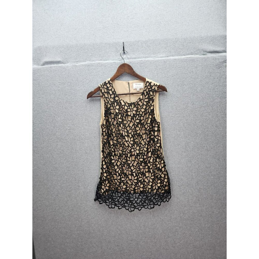 Neiman Marcus Lela Rose Silk Blend Guipure Lace Blouse Black/Beige Women's S